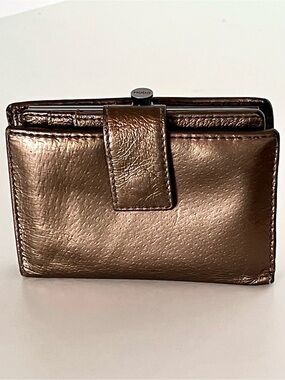 HOBO Lauren Metallic Leather Clutch Wallet Bronze Double Kiss Lock Frame